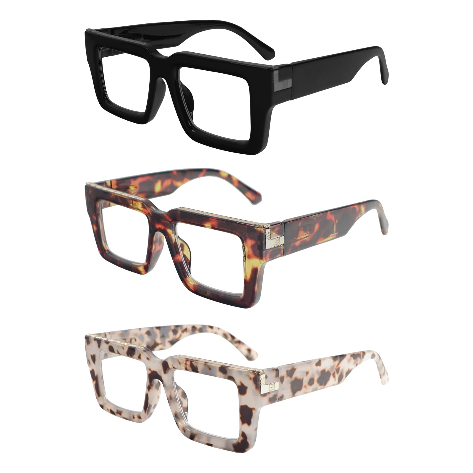 MMOWW 3-Pack Oversized Reading Glasses Square Frame for Women Men Blue Light Blocking Computer Readers (3 Mix Color, +1.0)