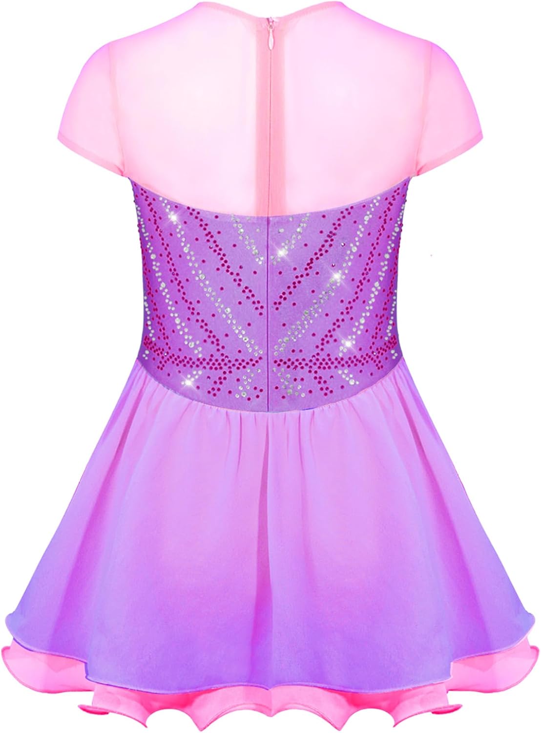 Girls Sparkle Figure Skating Dress Short Sleeve Tiered Tulle Ballet Tutu Dress Back Zipper Competition Performance
