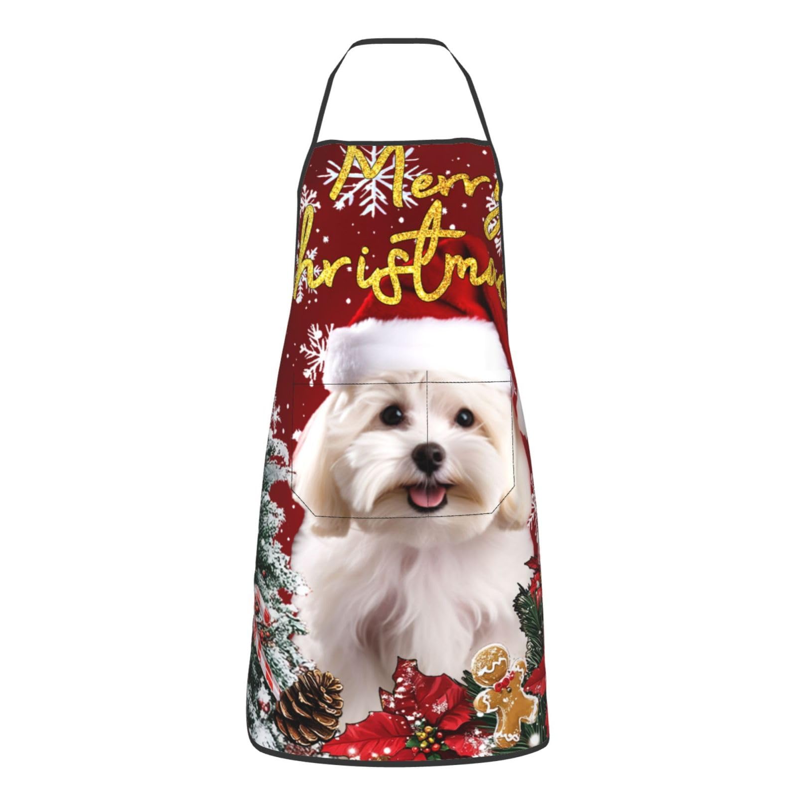 nopicsn Merry Christmas Maltese Dog Apron for cooking with Pockets Women Men Kitchen Chef Funny Aprons