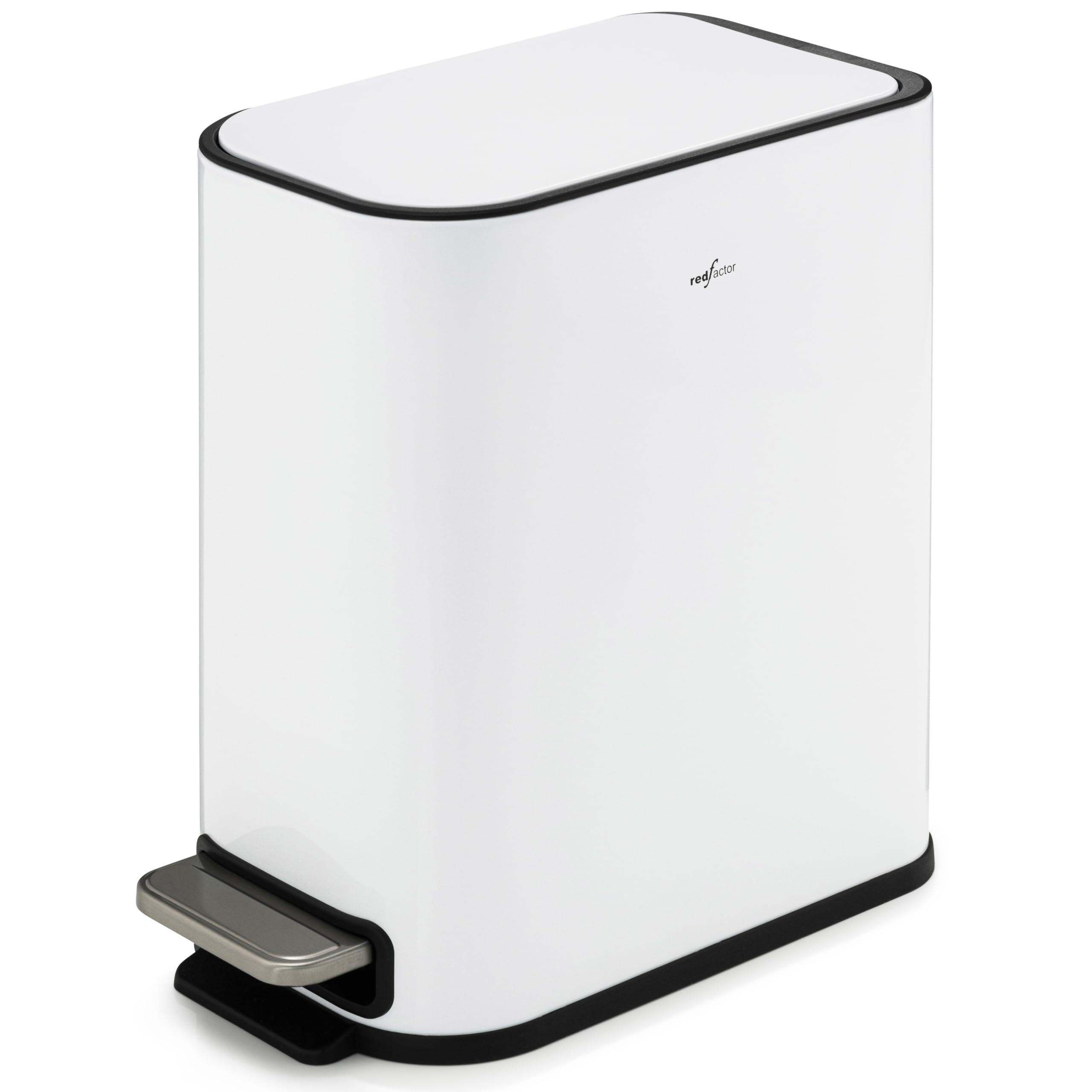 RED FACTOR Cubo de basura con pedal fino de 5 l, de acero inoxidable, tapa de cierre suave y cubo interior extraíble para baño, cocina u oficina (blanco metálico)