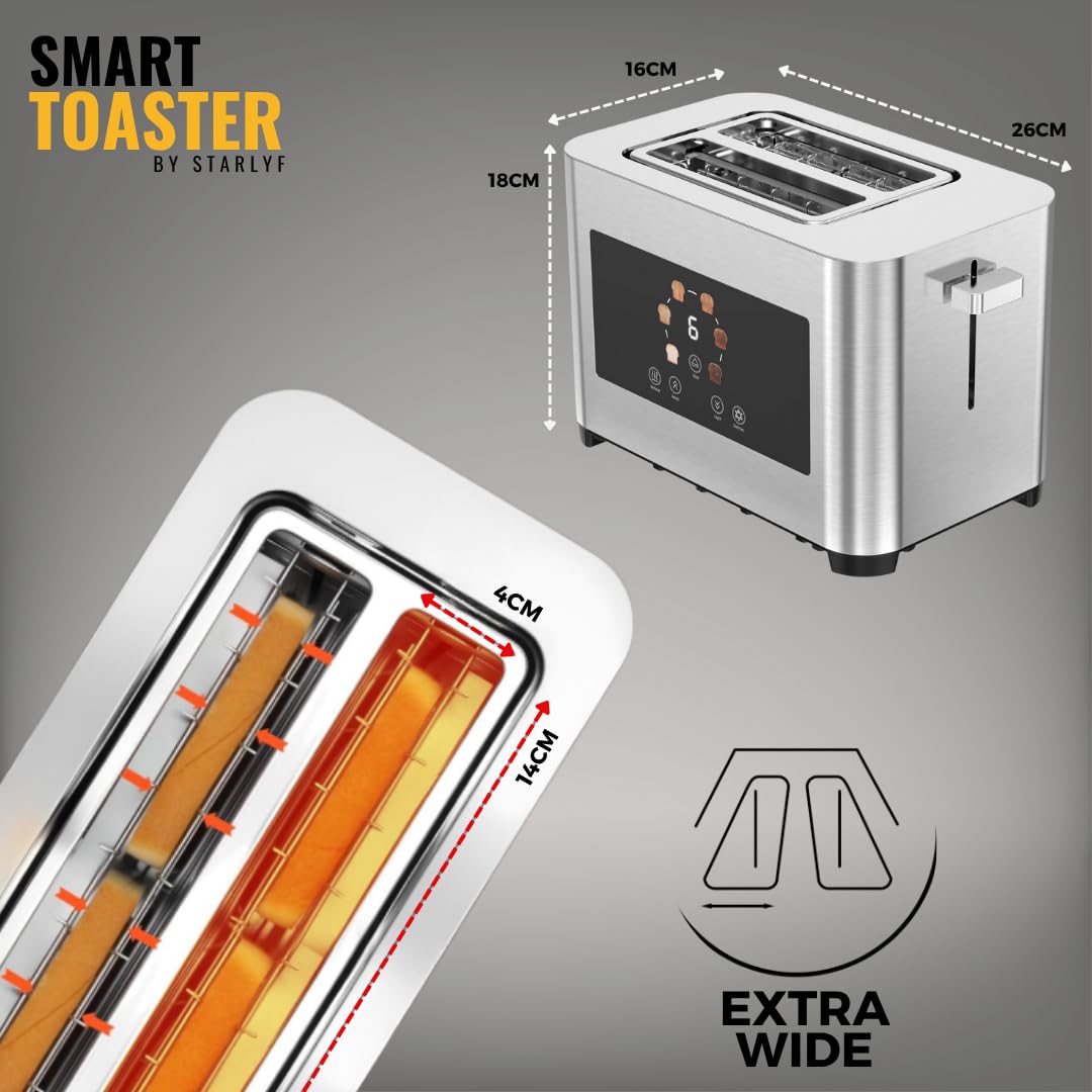 STARLYF Smart Toaster – Tostapane 2 Fette con Touch Screen LED – Slot Extra Large per Pane Spesso e Toast – 6 Livelli di Doratura – Funzioni Scongelamento, Riscaldamento e Stop – Acciaio Inossidabile