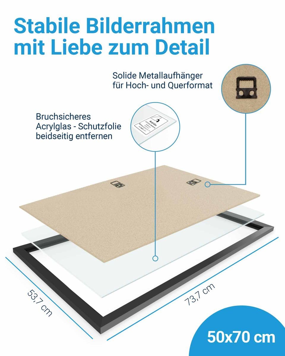 PHOTOLINI Bilderrahmen 50x70 Schwarz, Puzzle Rahmen 70x50 Holz MDF mit Acrylglas, Bilderrahmen Puzzle 1000 Teile 50x70 zum Aufhängen, Puzzlerahmen 500-1000 Teile - ideal für Galerie