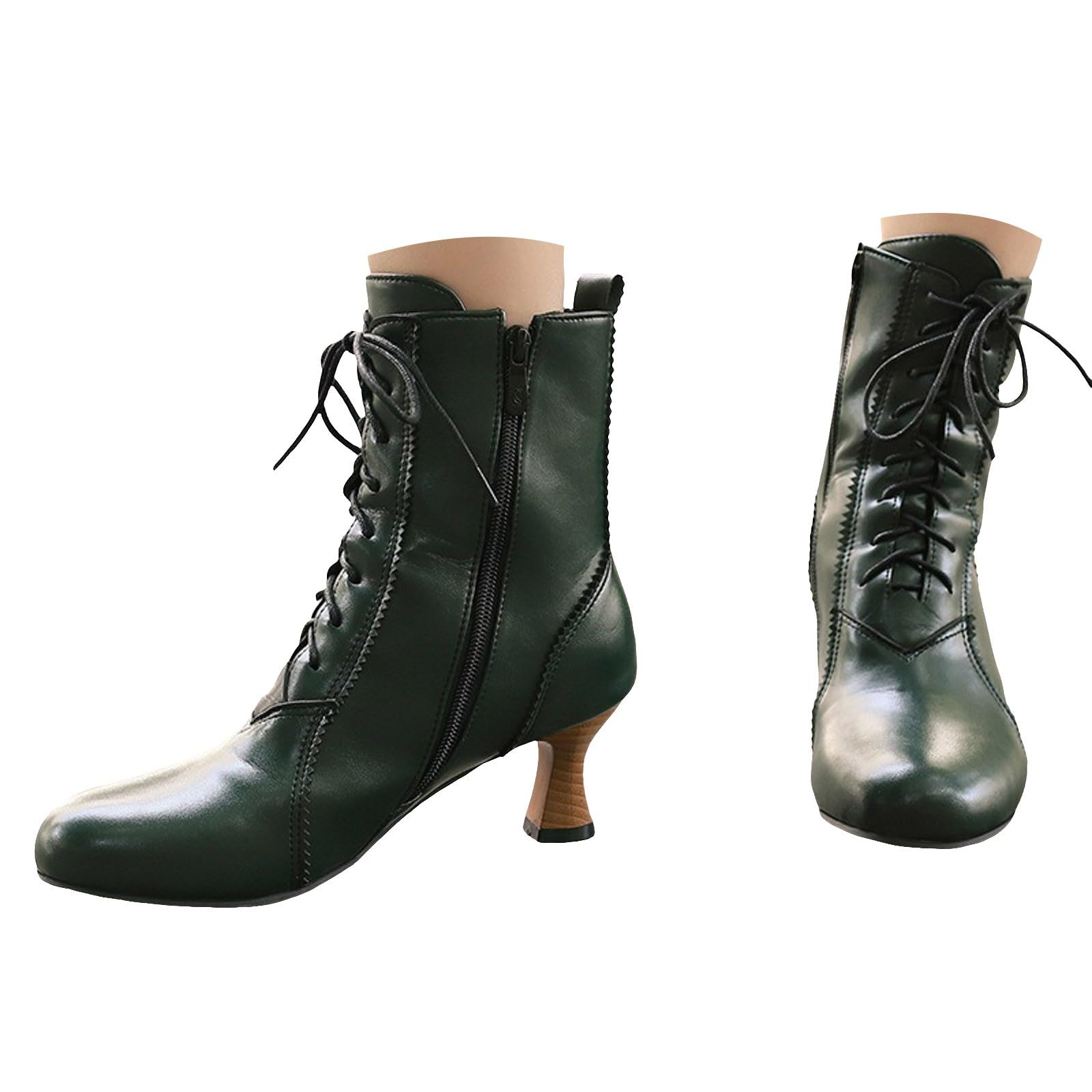 Victorian Boots for Women Vintage Leather Ankle Boots Low Heel Lace Up Booties with Side Zipper Womens Kitten
