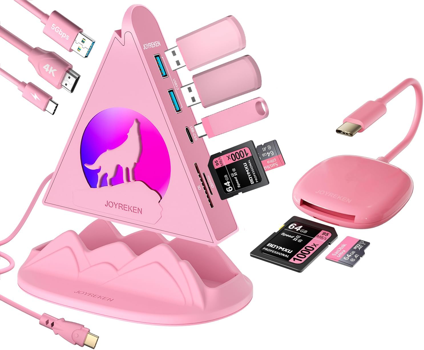 Pink 8-in-1 USB-C Hub with Stand & 8cm 2-in-1 SD Card Reader Bundle – 100W PD, 4K HDMI, USB-A, SD/TF Slots for MacBook, iPad Pro, Galaxy S24 & More