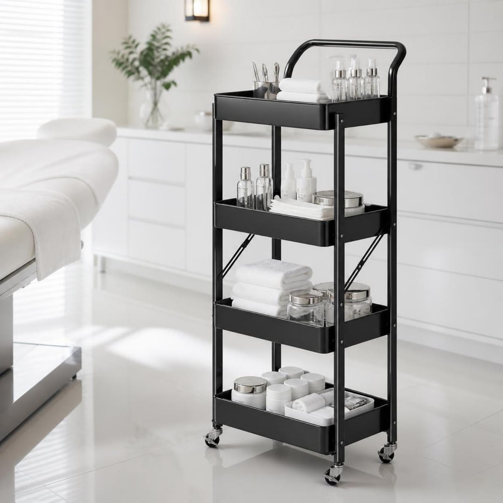 Qianly Carrito con Ruedas Plegable Carrito Almacenamiento con Ruedas, Estrecho, para Dormitorio, Negro, Sin Pasamanos