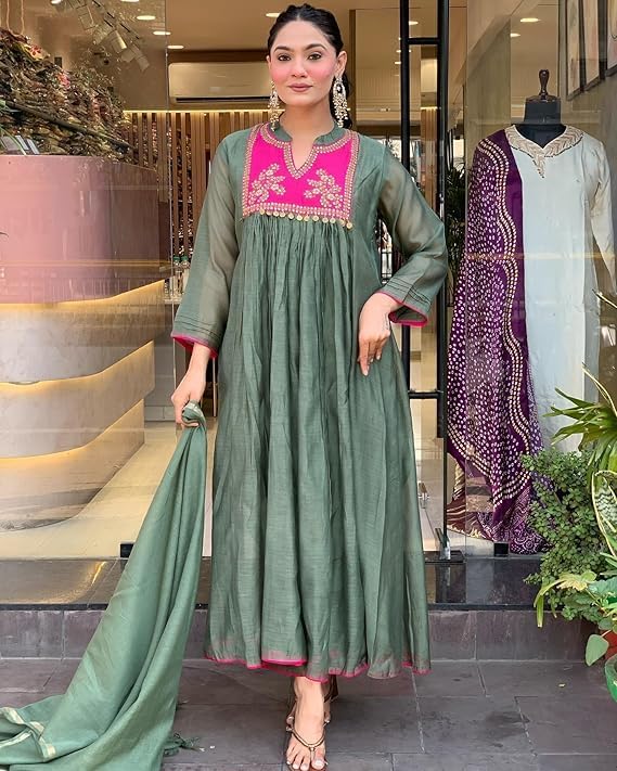 Women's Rayon Viscose Embroidered Anarkali Kurta with Pant & Dupatta