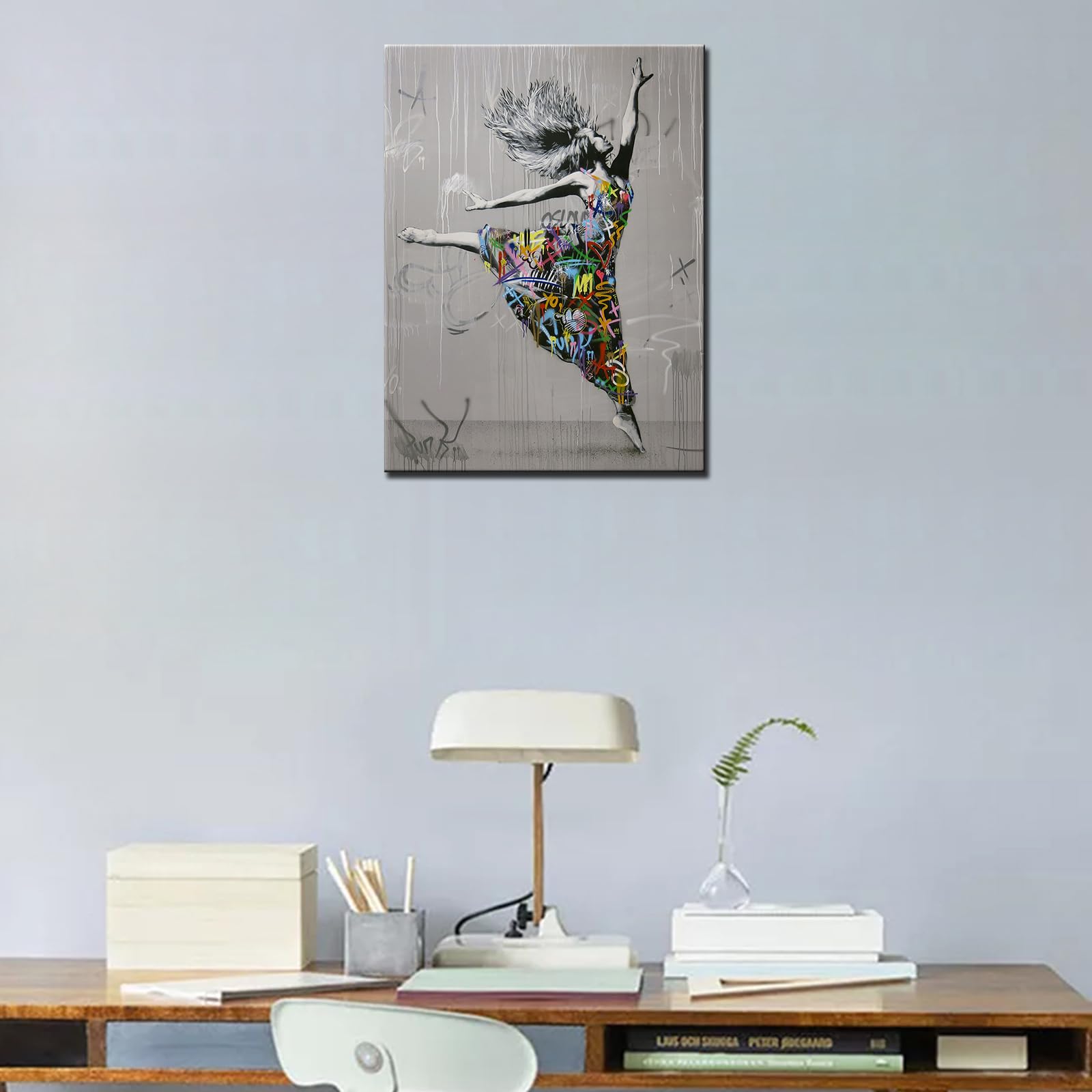 Graffiti Street Wall Art Banksy Art Paintings Dancing Girl Pictures Artwork for Living Room 1 Panels Red Print on Canvas House Decor Framed Gallery-Wrapped Ready to Hang(12''W x 16''H) - Image 3
