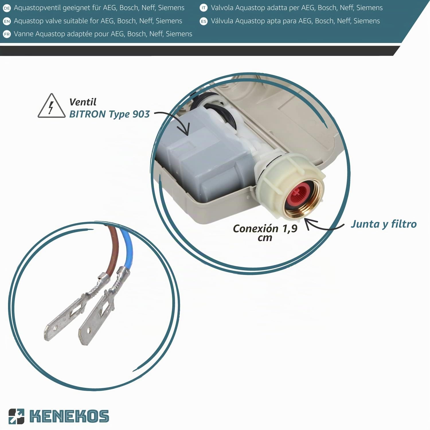 Kenekos - Kit de reparación de la válvula aquastop para la manguera aquastop, Bitron tipo 902 compatible con Bosch/Siemens, como 00263789/263789 con conexión de tornillo de 3/4 de pulgada