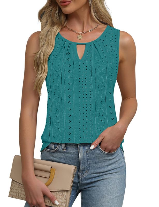 Sukuglam Camiseta Sin Mangas Mujer Verano Tank Top Elegante Bordado de Ojales Chaleco Tops Chic Escote de Ojo de Cerradura Camisetas Tirantes Casual Holgada Camisa Blusas Básica Camisole Shirt