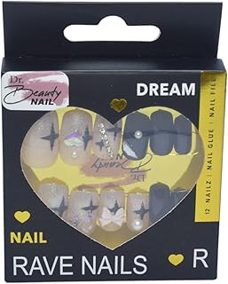 مجموعة أظافر تركيب عن طريق الضغط ومزينة بحجر الراين، 12 قطعة، اوف وايت، أسود