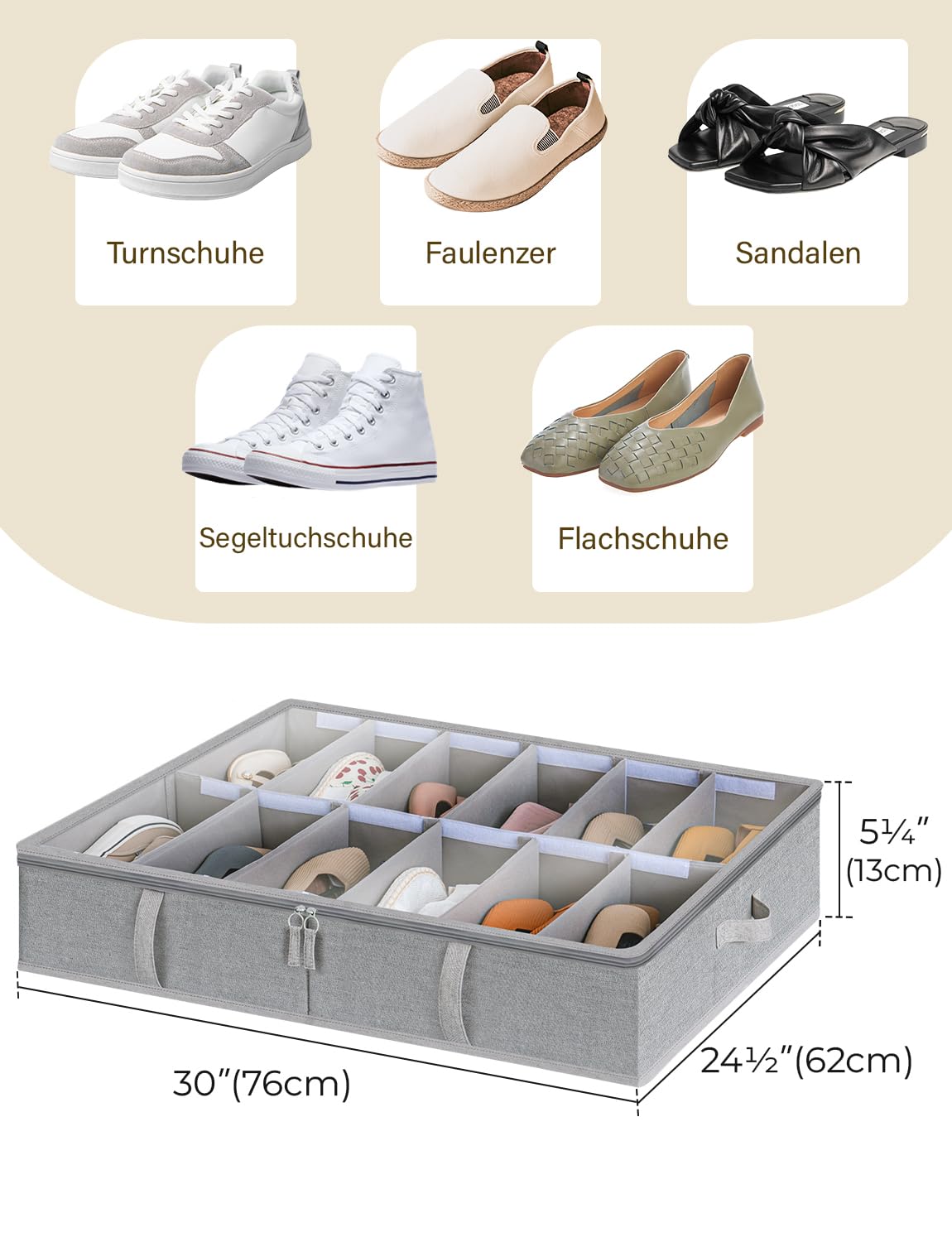 StorageWorks Organizer na buty pod łóżko, 76 x 72 x 13.5 cm pojemnik oszczędzający miejsce na 24 pary, z regulowanymi przegrodami i pokrywą, szary, 2 sztuki