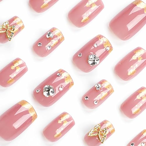 Miniatura 4 de MISUD Uñas postizas cuadradas medianas con pegamento brillante, uñas acrílicas brillantes con purpurina dorada, uñas postizas cuadradas rosadas,
