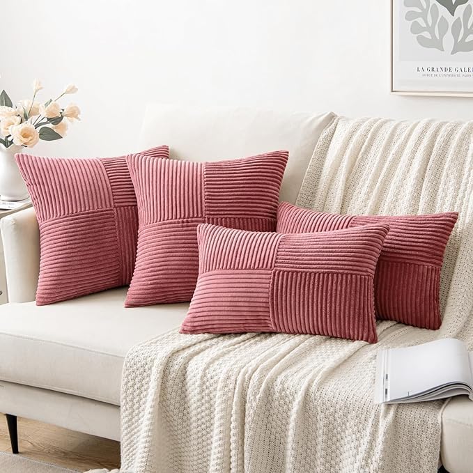 Image of Guffaw Corduroy Pillow Covers Boho Decorative Spliced Throw Pillow Covers Soft Solid Couch Pillowcases Cross Patchwork Cushion Covers for Living Room Bed Sofa 16x16 inch (4, CB RED)