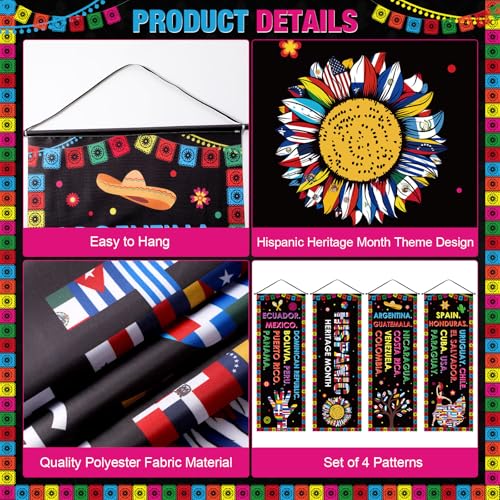 Image of Panelee 4 Pcs Hispanic Heritage Month Decorations National Hispanic Heritage Month Banner Latin American Porch Signs Spanish Classroom Decor for Classroom Home Wall Indoor Outdoor Hanging Backdrop