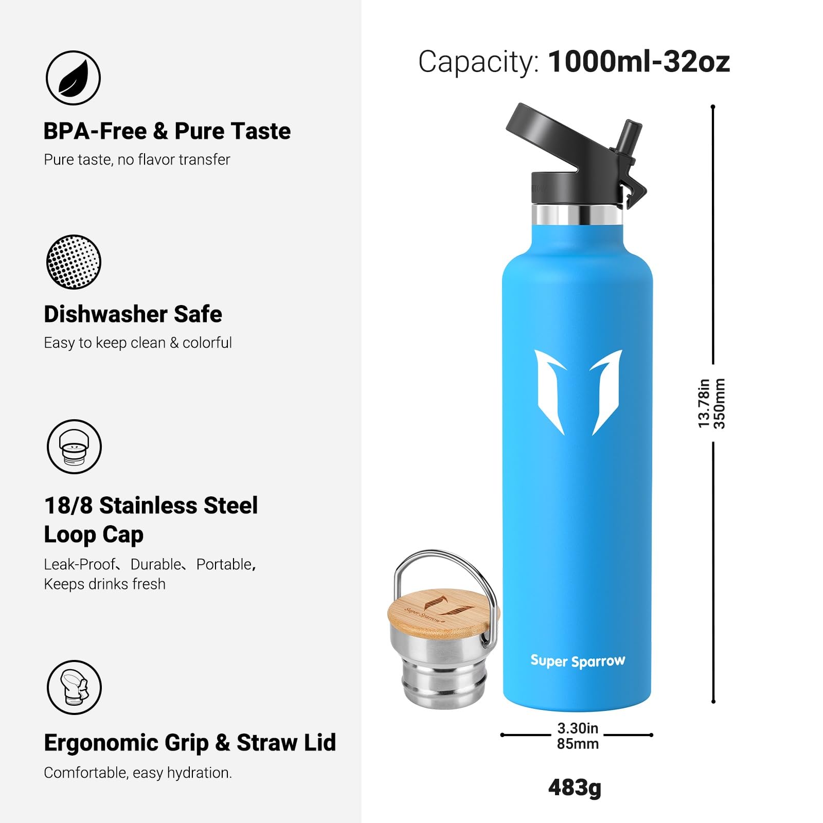 Super Sparrow Borraccia Termica - Bottiglia Termica Senza Perdite - 350ml/500ml/620ml/750ml/1L - Senza BPA Borracce Bambini - Per Scuola, Sport, Campeggio, Palestra, Ciclismo - Con 2 Tappi