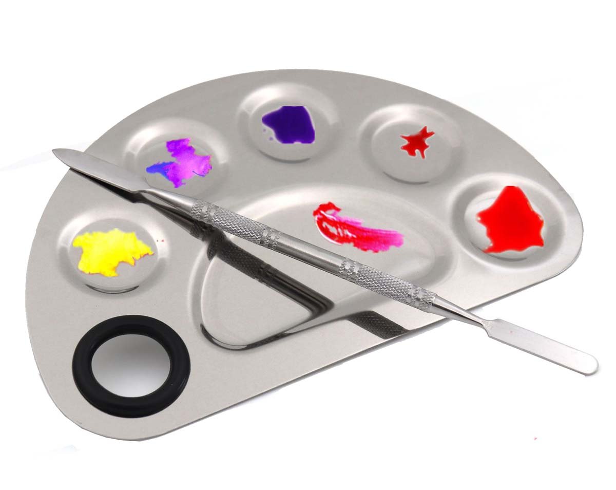 Stainless Steel 5-well Makeup Palette Artist Mixing Palette with Spatula for Cosmetic Blending (Semicircle)-picture-12