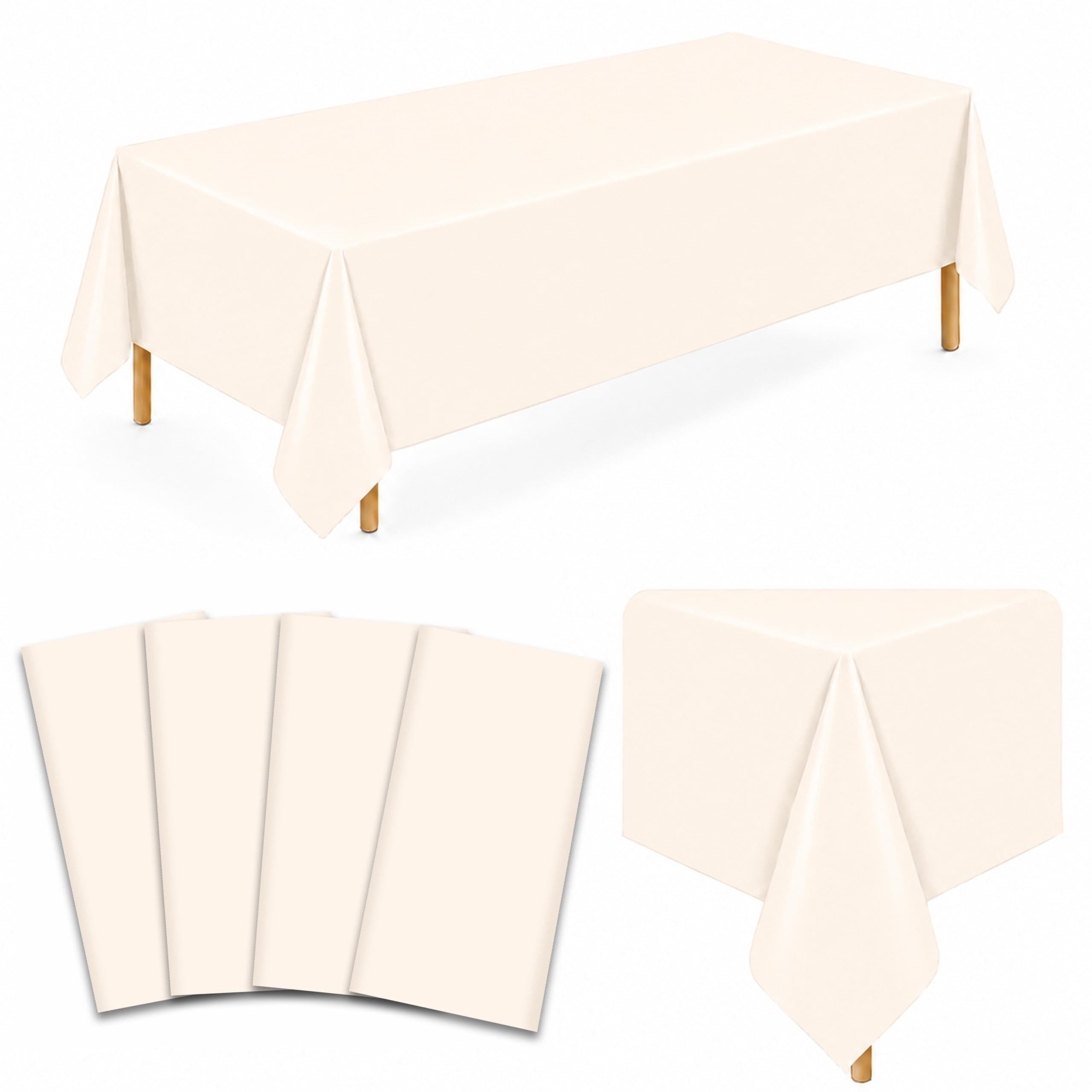 WNINK 4 Pack Ivory Plastic Tablecloths, 54 x 108 Inch Disposable Covers