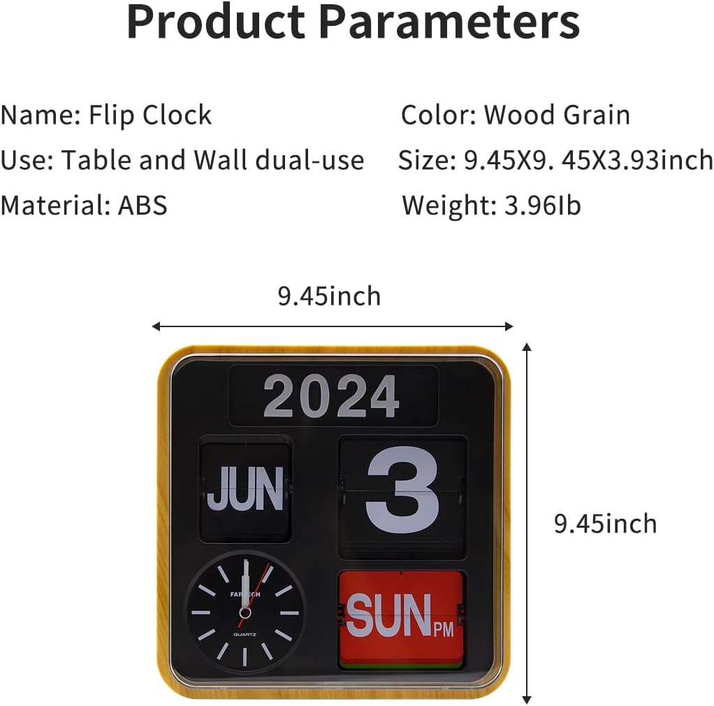 Retro Modern 9.45 Inches Calendar Day Date Flip Desk Wall Clock (Wood Grain)(No Battery Included)