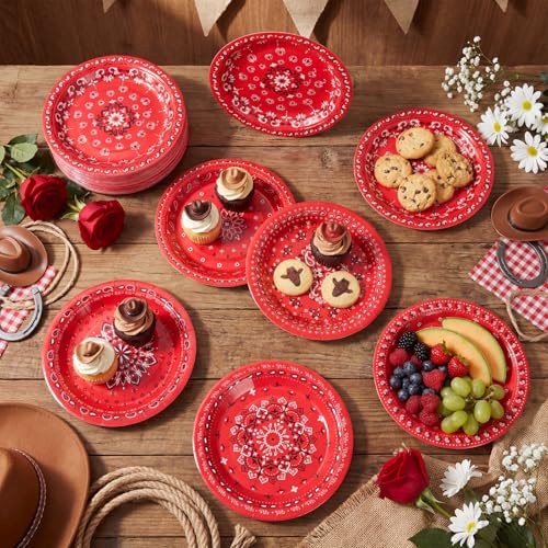 Image of Funnymoom 60 Pcs 7 Inch Red Bandana Western Paper Plates Western Party Decorations Paisley Cowboy Cowgirl Farm Disposable Plate for Dessert Cake, Bandana Floral Rodeo Wild West Birthday Party Supplies