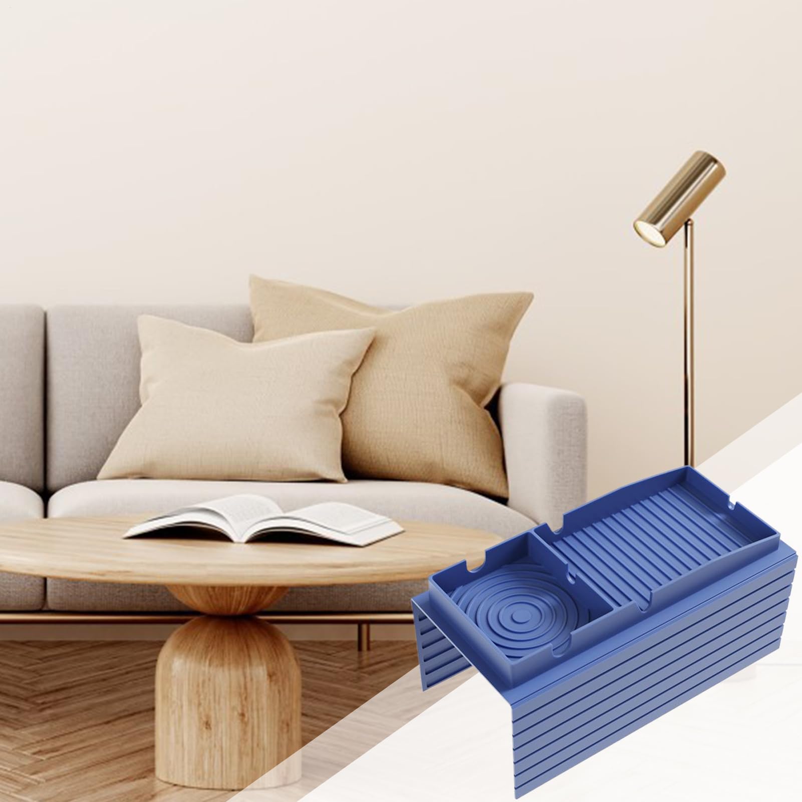 Mesa con bandeja para reposabrazos de sofá, mesa auxiliar antideslizante con soporte para bebidas, aperitivo para control remoto, teléfono y tazas, perfecta para uso en sala de estar