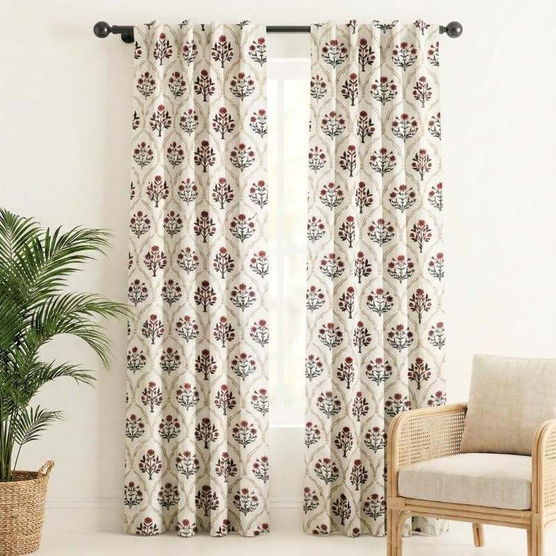 Image of Peepul Tree Pure Cotton Door Curtain in Rust and Maroon Color with Ornate Florals | Set of 1 | 7 ft | Semi Blackout with 70% Light Blocking | Royal Courtyards Collection