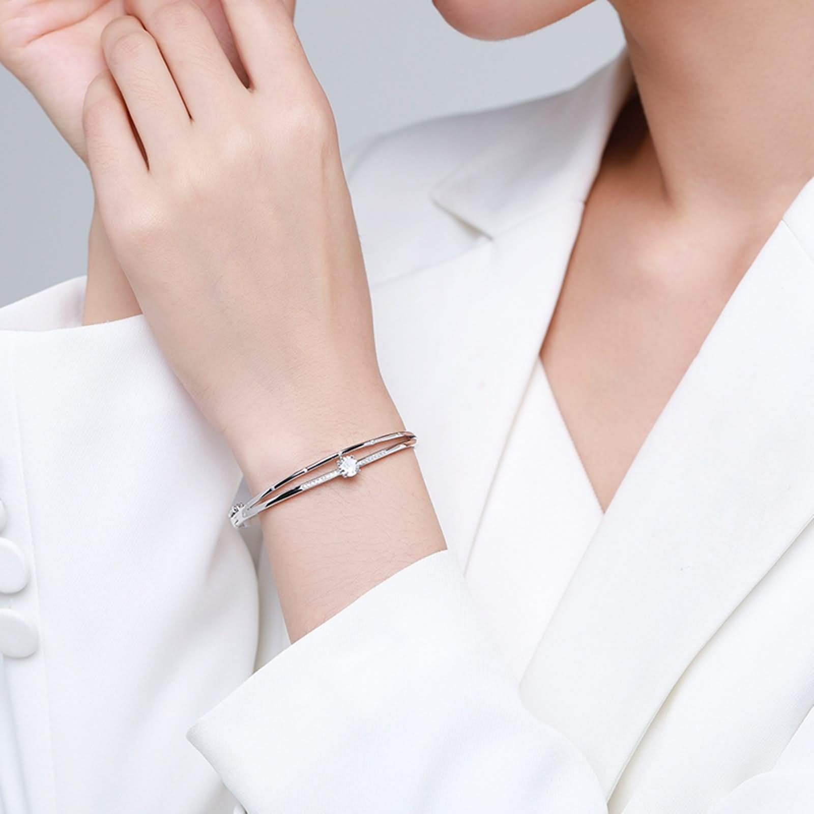Pulsera de promesa para mujer, doble capa con moissanita, oro blanco