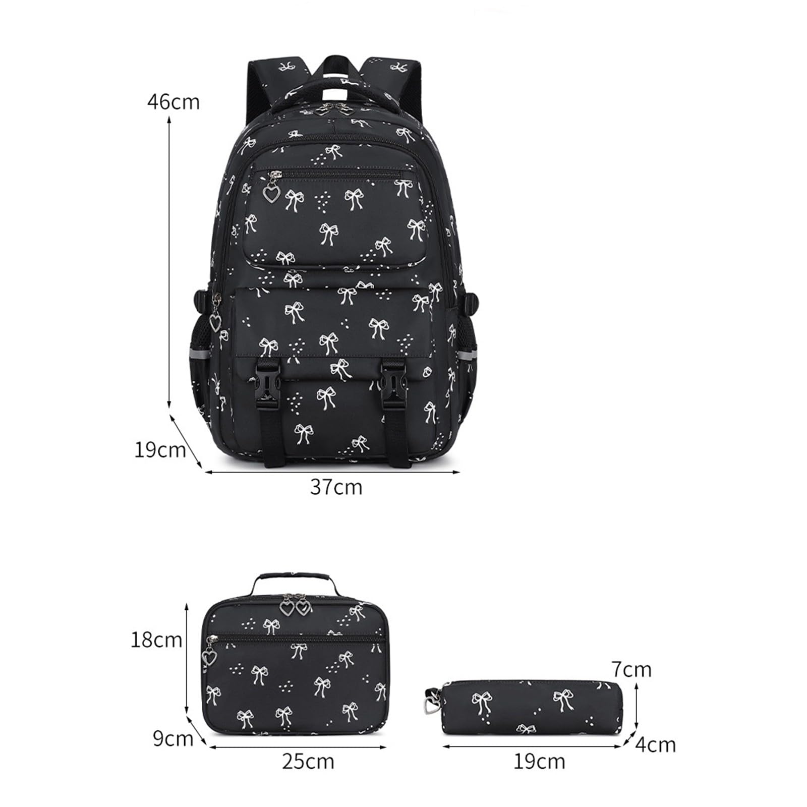 Generico Set Zaino Ragazza 3 Pezzi, Zaino Fiocco Stampato Casual | Zainetto studentesca con fantasia fiocco elegante, leggero e pratico per scuola, università e uso quotidiano