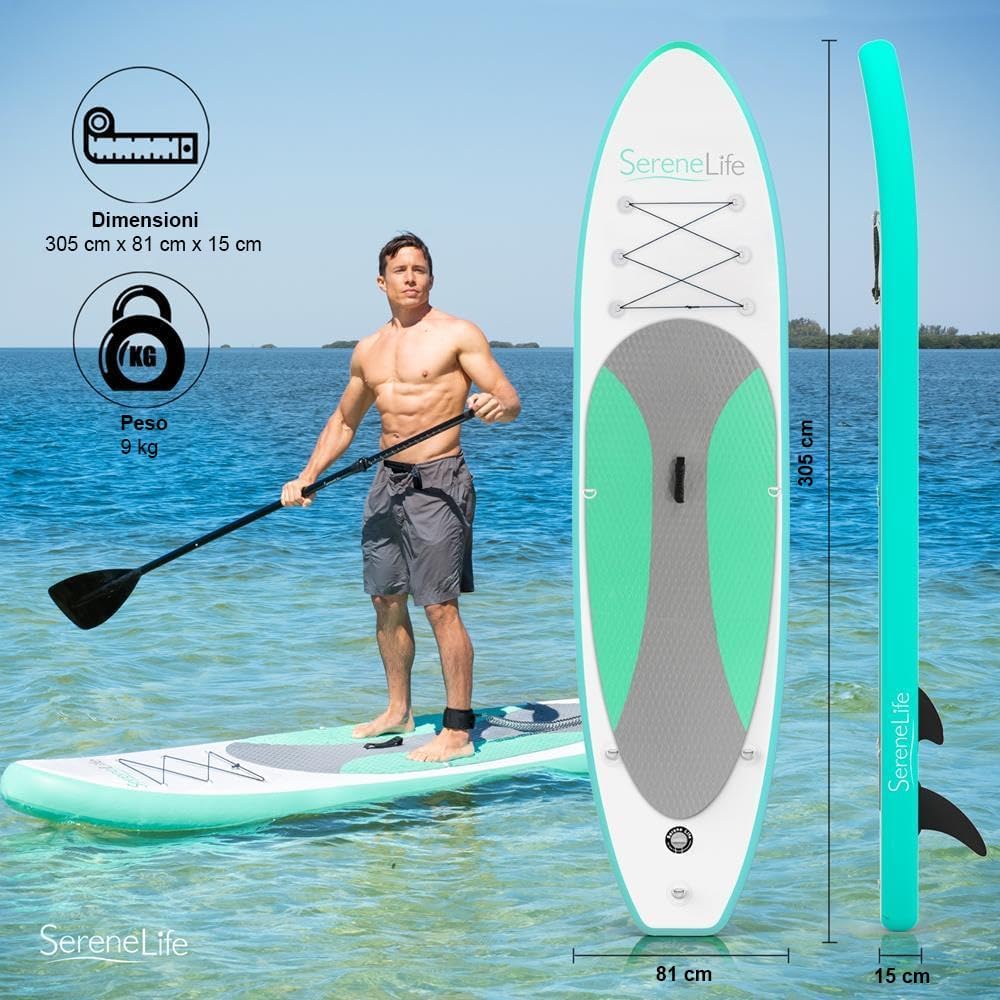 SereneLife Stand up Paddle Board Gonfiabile - Pagaia SUP Antiscivolo, Pompa, Cordino di Sicurezza e Accessori Giovani