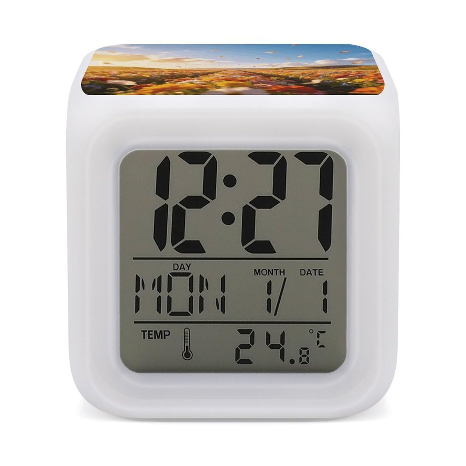 LZQPOEAS Spectacular Flower Field Scenery Alarm Clock with 7 Color Changing Nightlight for Bedroom Calendar Temperature Display Wake Up Digital Clock Small Desk Clocks for Heavy Sleepers Adults