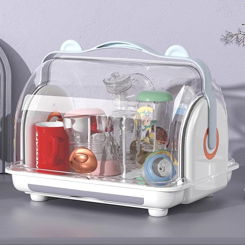 Séchoir à bouteilles pour enfants – Grande capacité avec couvercle, organiseur portable anti-poussière pour bouteilles d'enfants et rangement de vaisselle de cuisine
