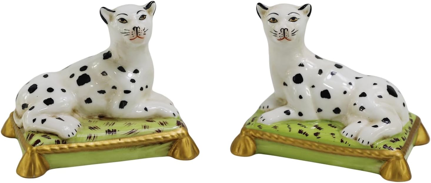 Hand Painted Antique Pair of Porcelain White Snow Leopard Figurines 4.3" H with Gold Trim Leopard Statue Ceramic Collectibles Home Décor