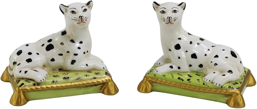 Hand Painted Antique Pair of Porcelain White Snow Leopard Figurines 4.3" H with Gold Trim Leopard Statue Ceramic Collectibles Home Decor