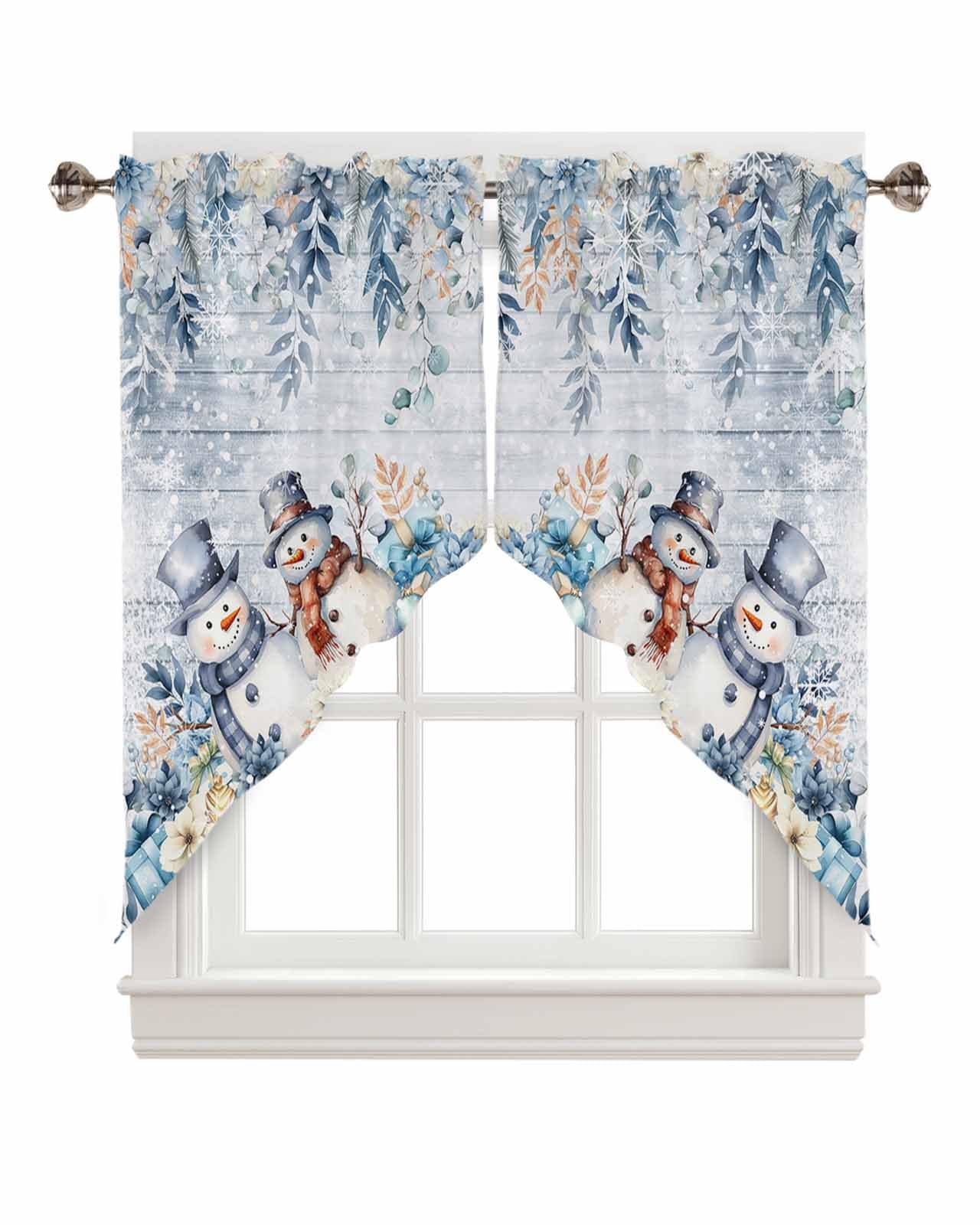 BEMIGO Christmas Eucalyptus Leaves Kitchen Valance, Farmhouse Swag Curtains, Cute Snowman for Bathroom Bedroom, Rod Pocket Window Curtains Over Sink 36" W x 36" L,2 Panels