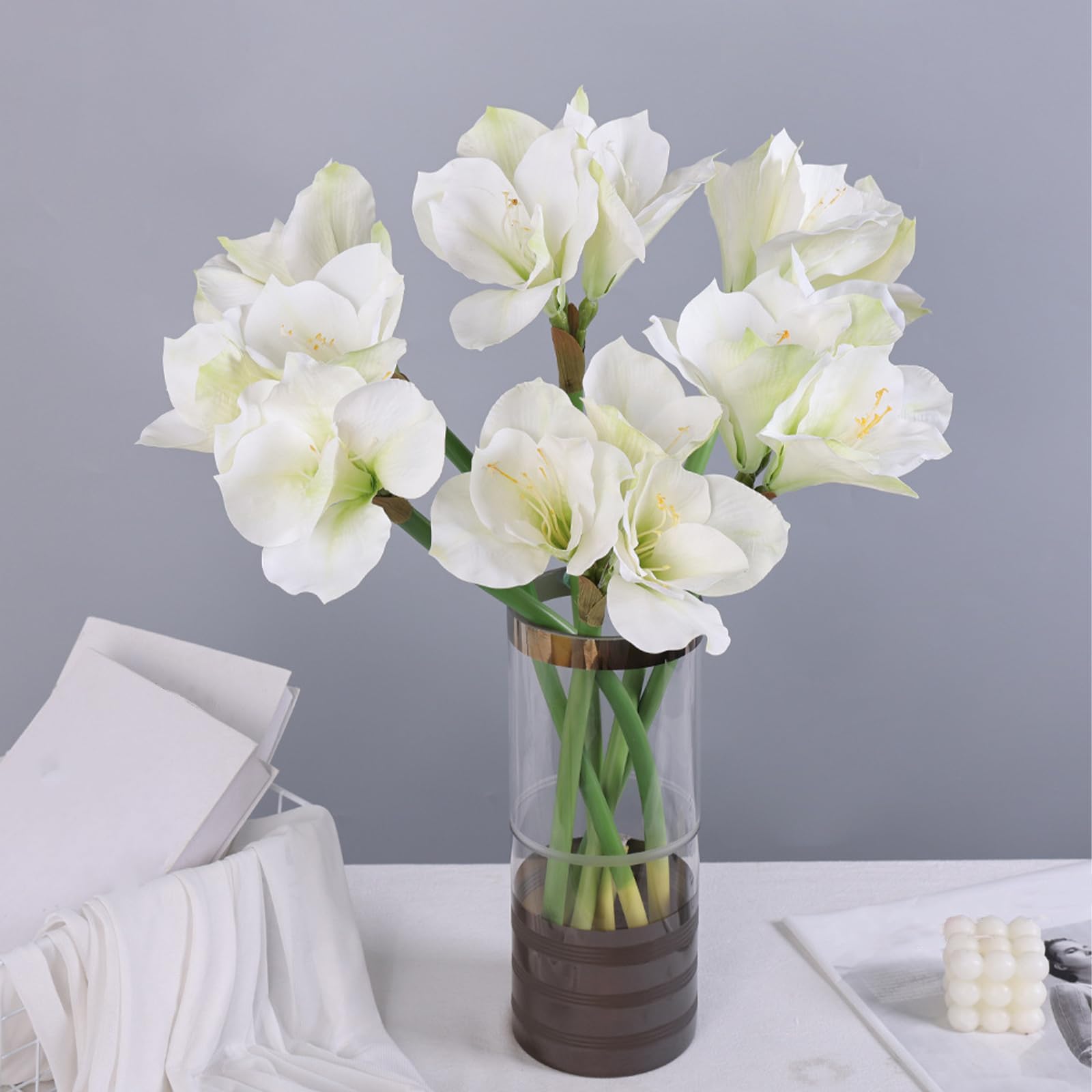 2Pcs 23.6" Artificial Amaryllis Flowers White Real Touch Faux Amaryllis Stems Fake Silk Naked Lady Flowers Faux Belladonna Lily for Home Halloween Christmas Party Hotel Decoration Wedding Bouquet
