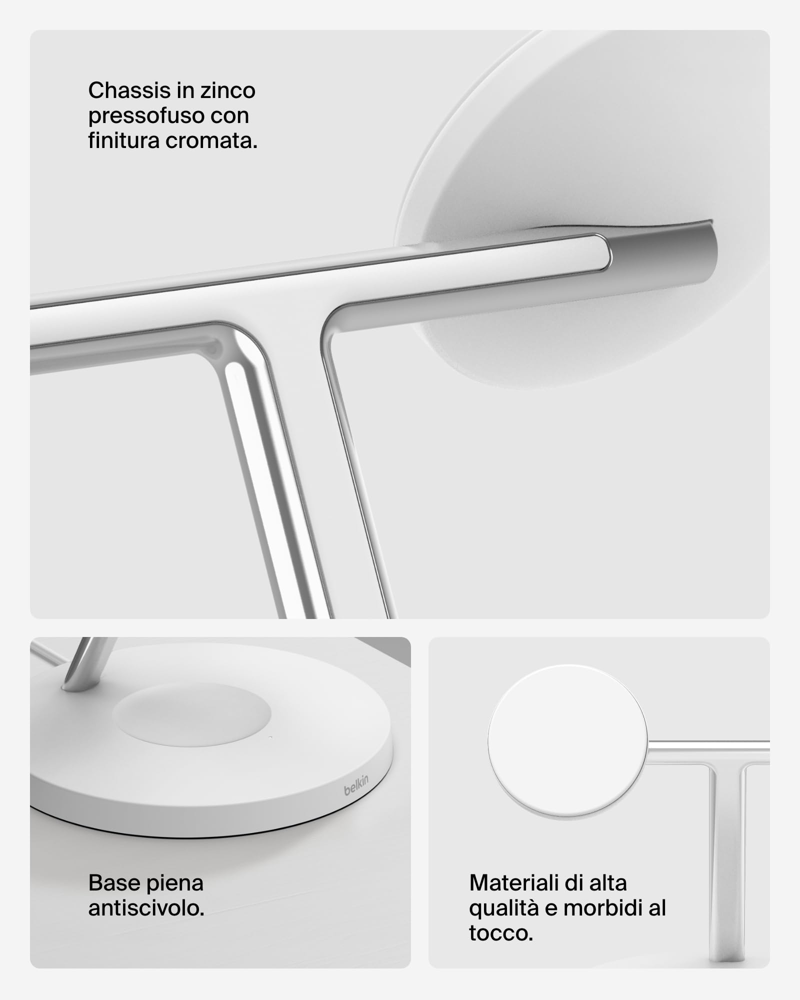 Belkin BoostCharge Caricatore 3 in 1 con Qi2, base di ricarica wireless compatibile con MagSafe, caricatore iPhone 17, Air, Pixelsnap, Apple Watch e AirPods, alimentatore incluso - Bianco