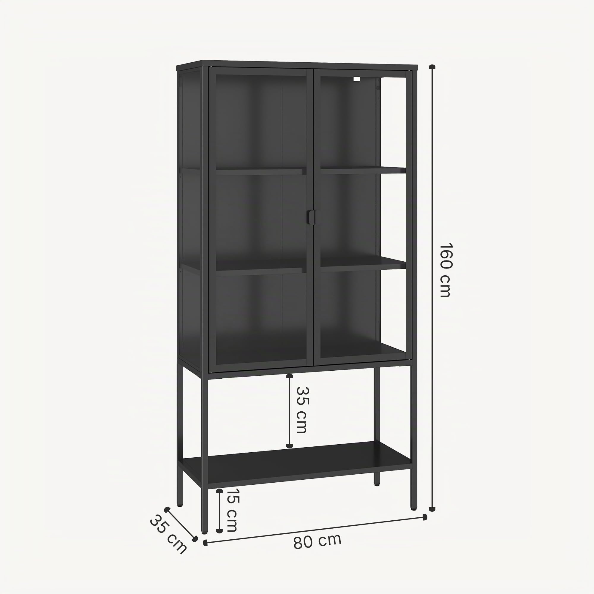 [en.casa] Vitrinenschrank Borshavisa Bücherschrank mit 3 Fächern untere Ablage 160 x 80 x 35 cm Küchenschrank mit 2 Glastüren Mehrzweckschrank Vitrine Metallschrank Schwarz