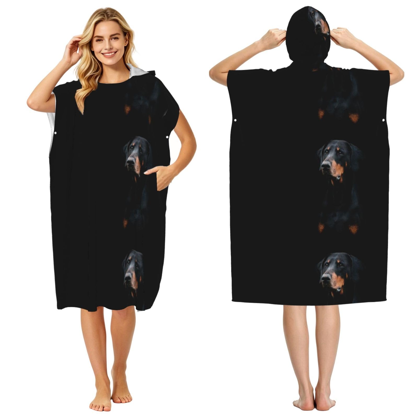 Poadnly Doberman Pinscher Pets Dogs Black Dogs Doberman, Adult Hooded Beach Towel 90 x 110 cm,Changing Bath Robe, Surf Poncho Towel For Women Men