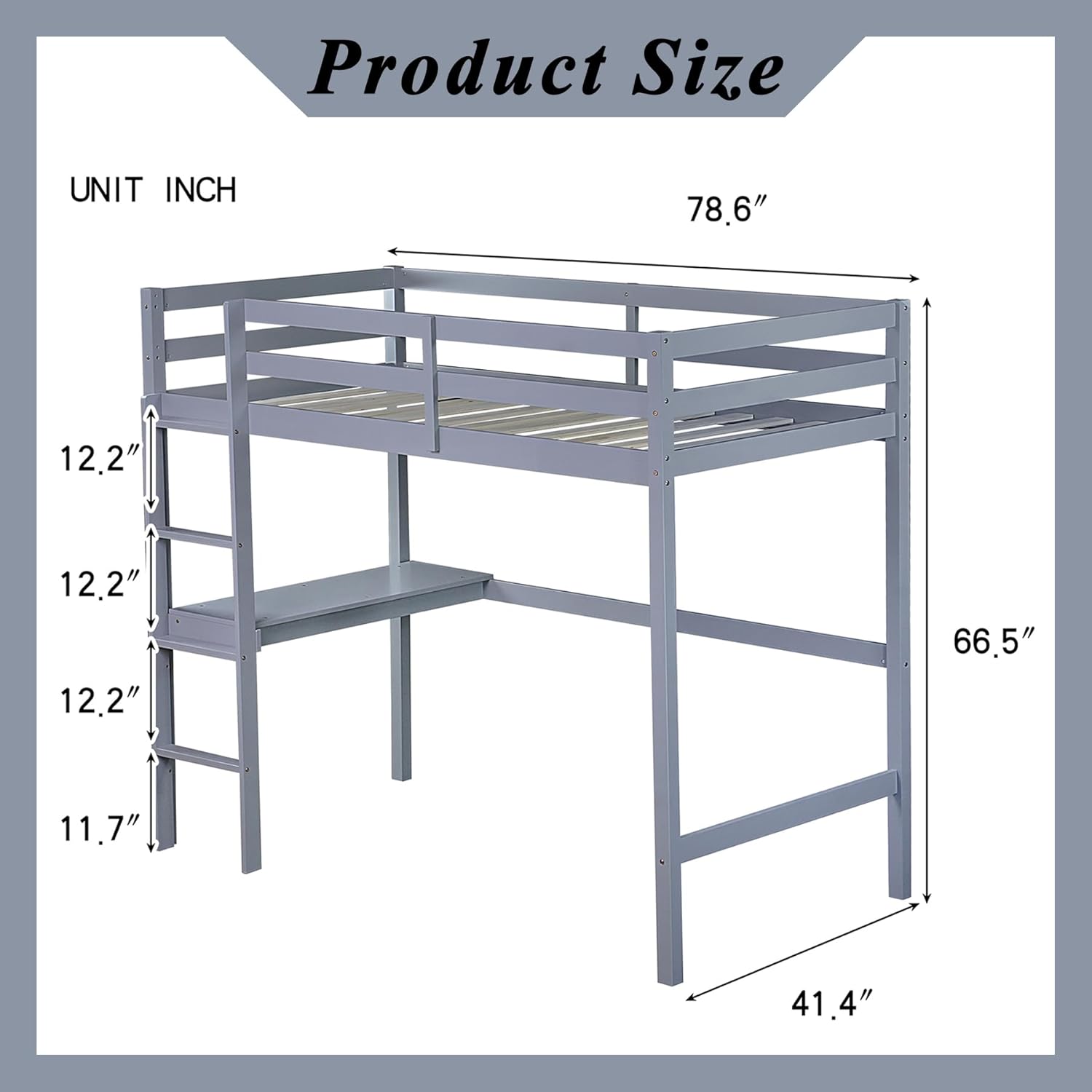 Product size diagram showing length 78.6 inches, width 41.4 inches, and height 66.5 inches, with ladder step dimensions.