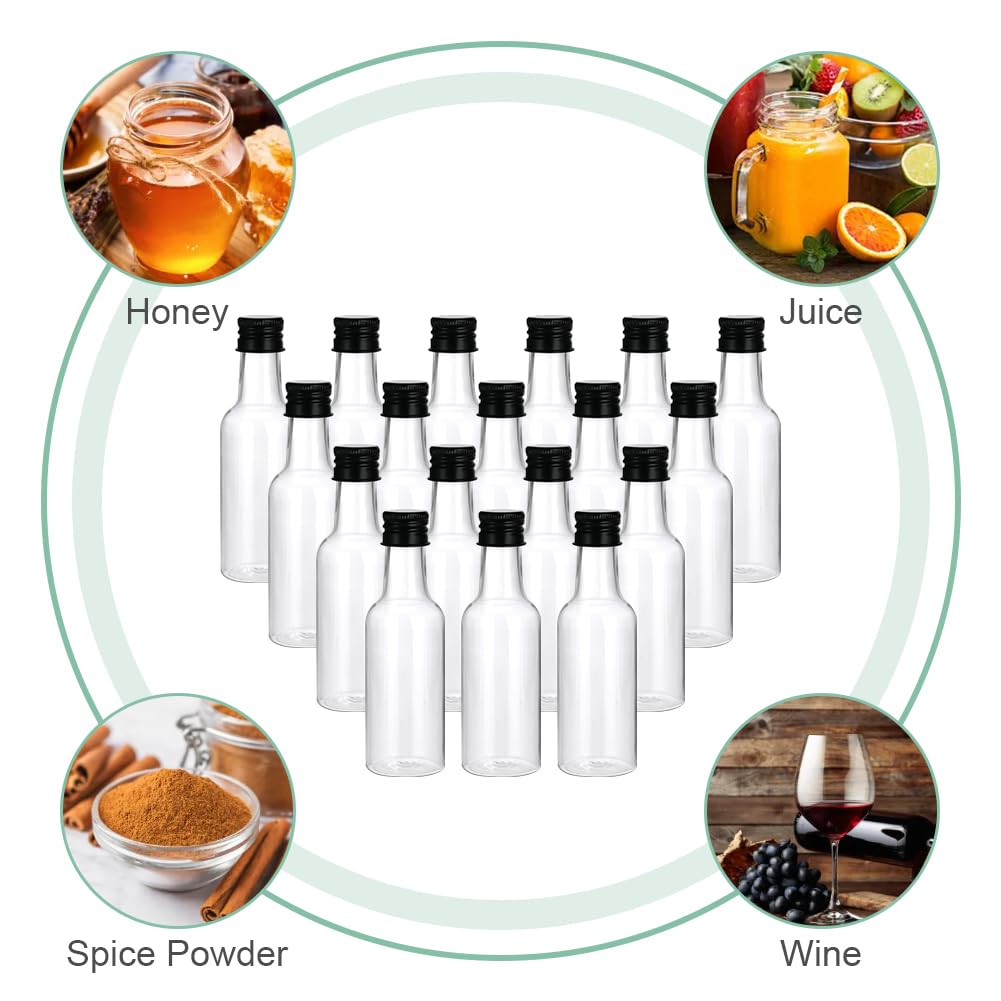 HOTUT Mini botellas de plástico 50 ml reutilizables con tapas, paquete de 18 unidades con 2 embudos, 20 etiquetas y cuerdas
