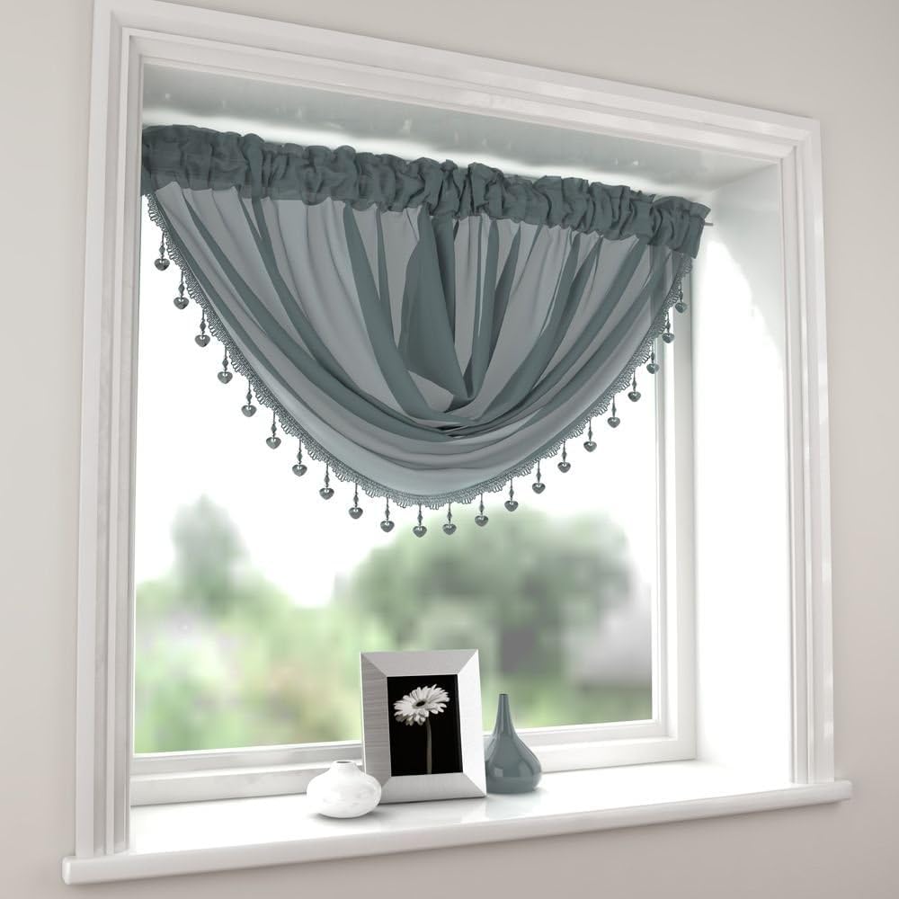 Maple Textiles Beaded Hearts Voile Curtain Swag, Slot Top Design, Available in White, Cream, Black, Grey, Red, Teal Colours (Grey)