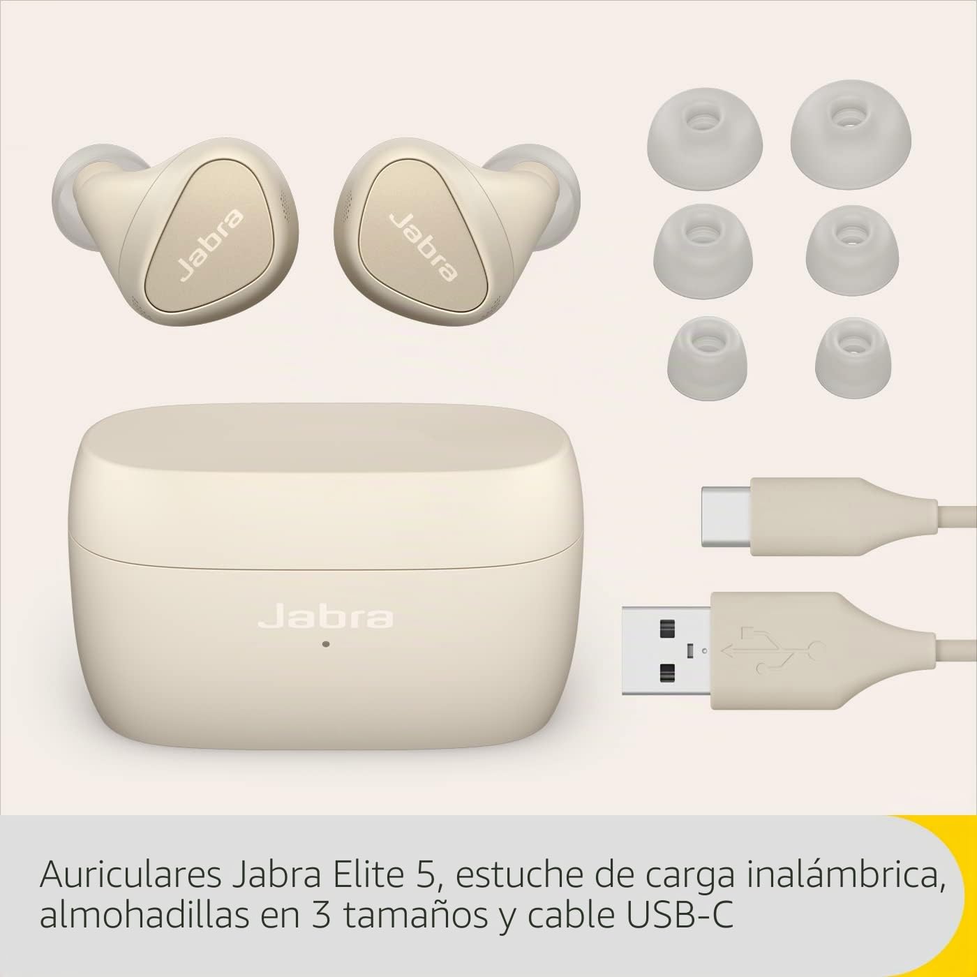 Jabra Elite 5 True Wireless Auriculares Bluetooth Inalámbricos con Cancelación Activa de Ruido (Car) Híbrida, 6 Micrófonos, Ajuste Ergonómico y Altavoces de 6 mm - Hechos para iPhone - Beige Oro