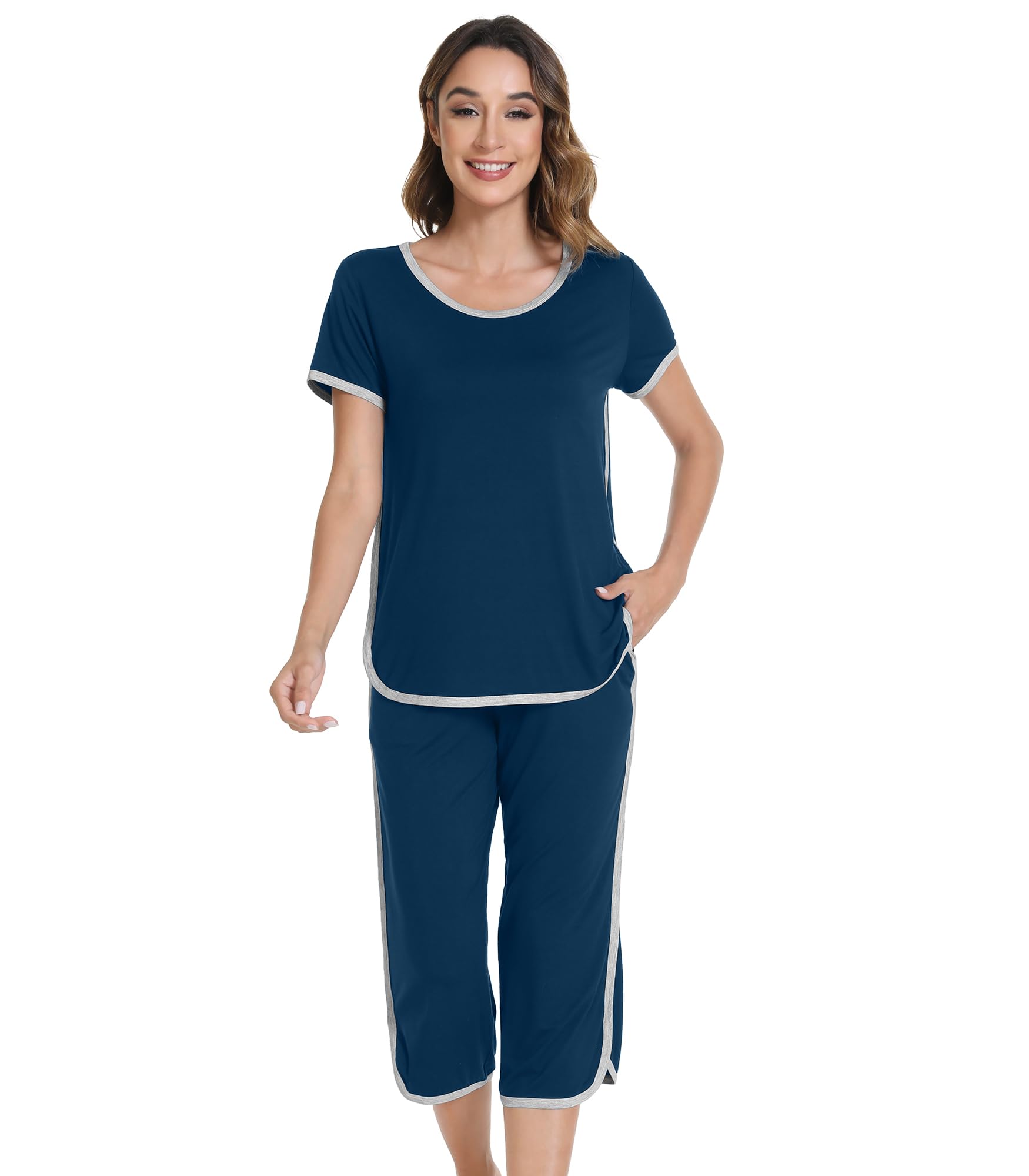 WiWi Conjunto de pijama casual de viscosa de bambú de manga corta con capris y cuello redondo, tallas S-XXL