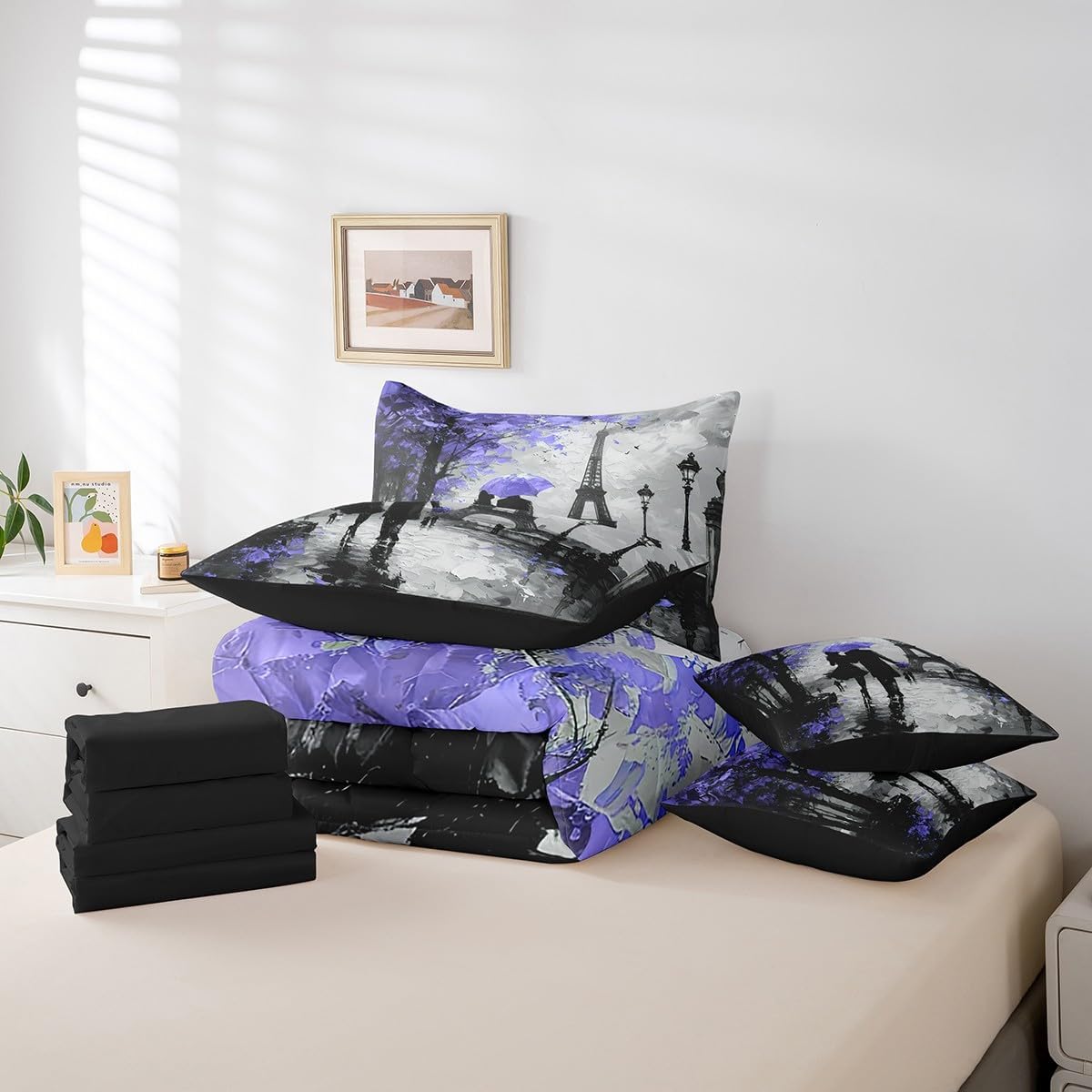 Feelyou Eiffel Tower Bedding Set Queen Size 7 Pieces Couple Purple Romantic Paris Valentine's Day Comforter France Trip Bed in a Bag with Comforter, Sheets, Pillowcases & Cushion Cover
