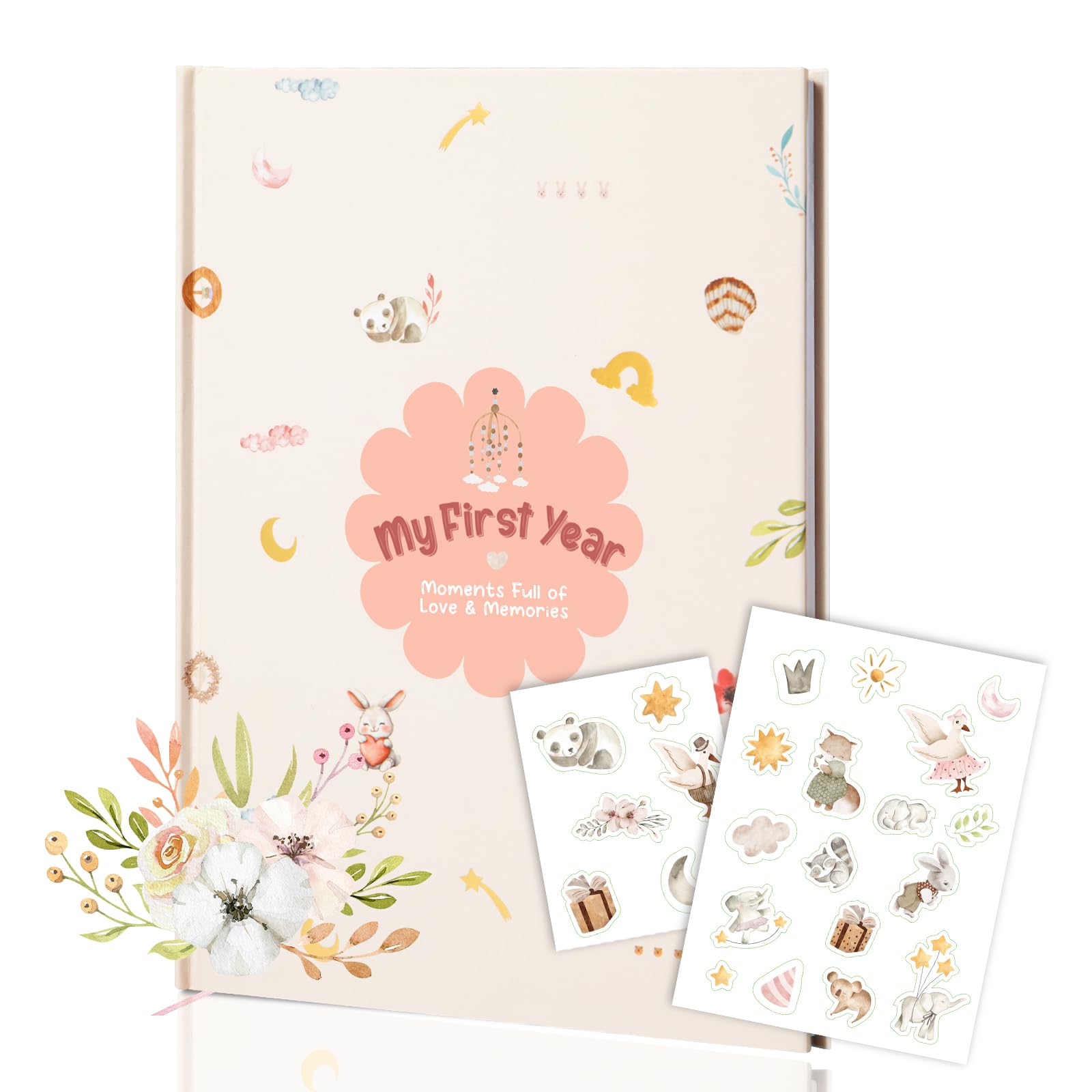 My First Year Baby Memory Book, A4 Diary & Keepsake Album with Lovely Floral Motif, Includes 24 Stickers