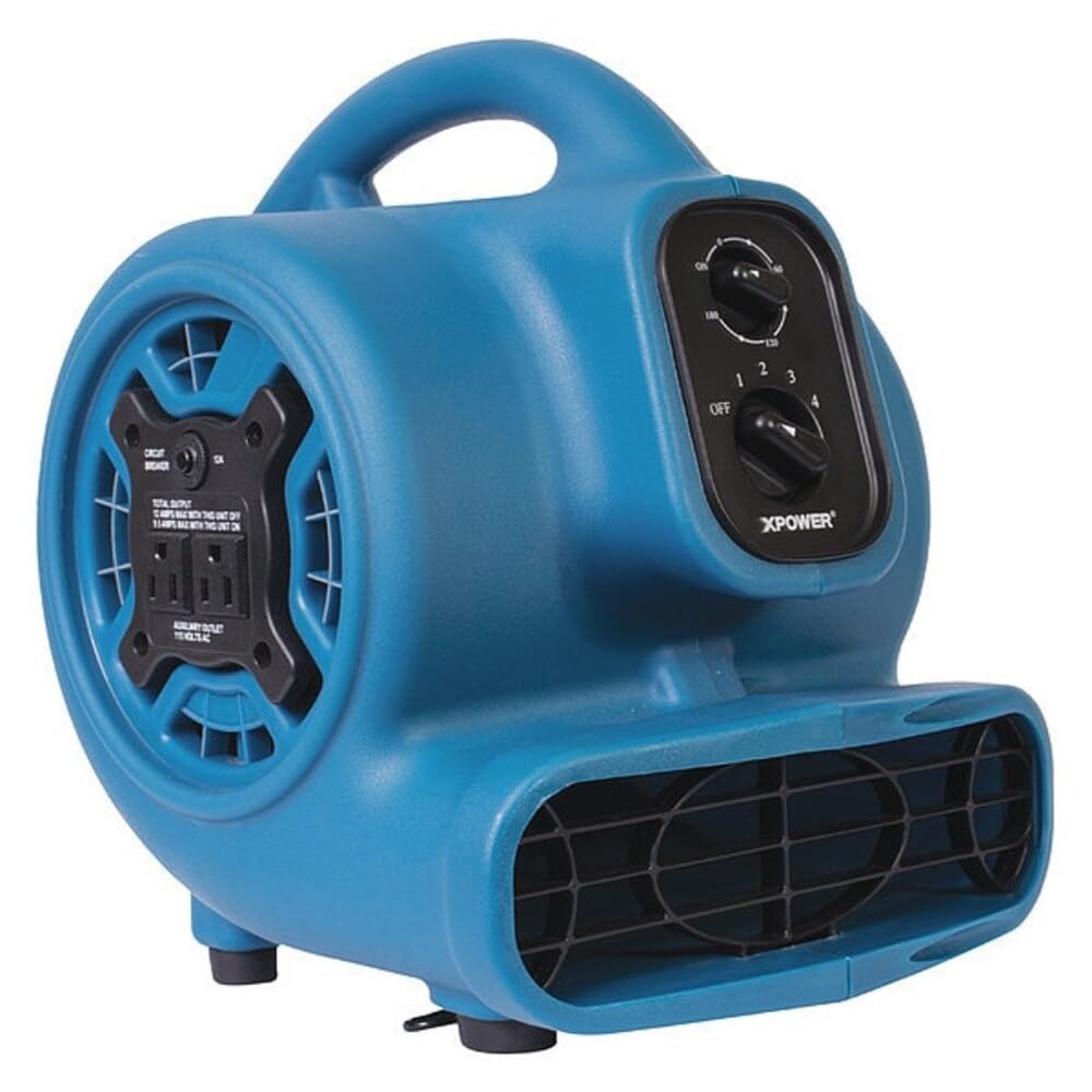 1/5 HP 800 CFM 3 Speeds Mini Air Mover with 3-Hour Timer and Built-In Dual Outlets for Daisy Chain by XPOWER – Mini, Plastic, Blue, Model P-230AT