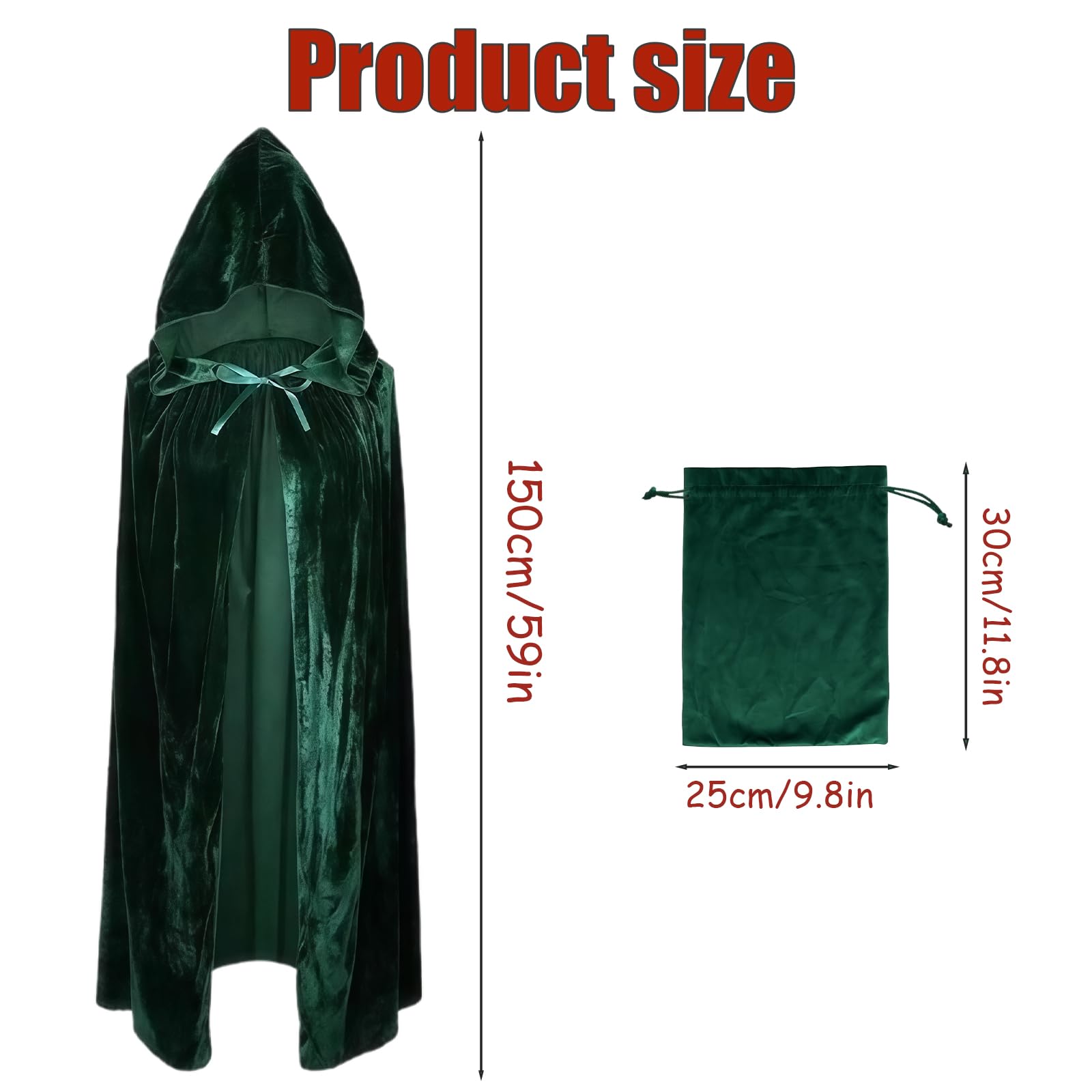AYNKH Velvet Cloak 59'' Full Length Hooded Cloak with Storage Bag Medieval Vampire Cape Halloween Costume Accessory Unisex (Green) - Image 2