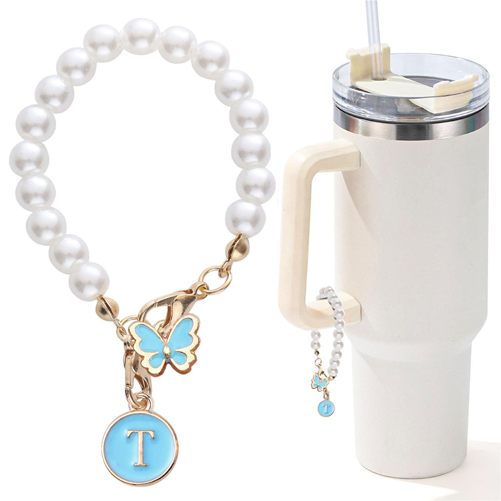 Accessories for Stanley Cup Pearl Chain Initial Accessoriess for Handle Stuff Decor Water Bottle Jewelry Tumbler Cute Simple Modern Personalized Name ID Decorations Letter Blue Tag T