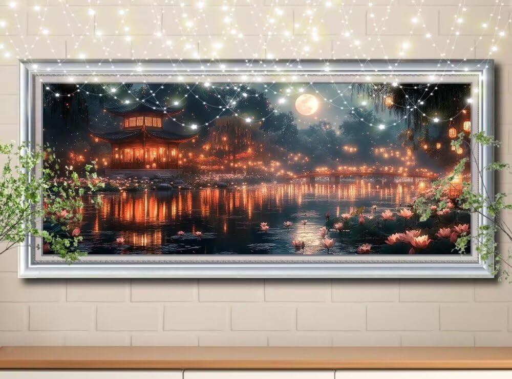 Obraz diamentowy 5D, dla dorosłych, księżyc, kwiat lotosu, obraz "zrób to sam", obraz dla dzieci, 80 x 200 cm, zestaw do malowania diamentami, dekoracja ścienna 8E-7288