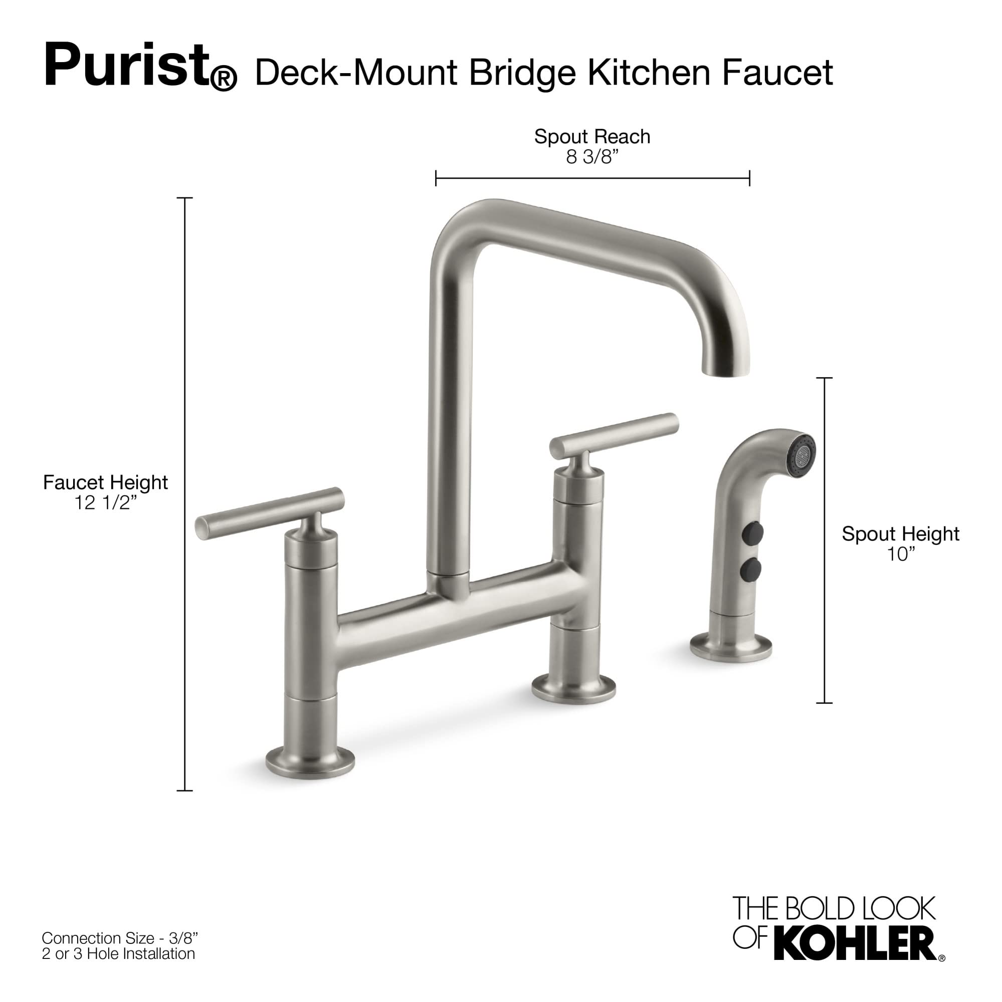 KOHLER Purist two-hole deck-mount bridge kitchen sink faucet with