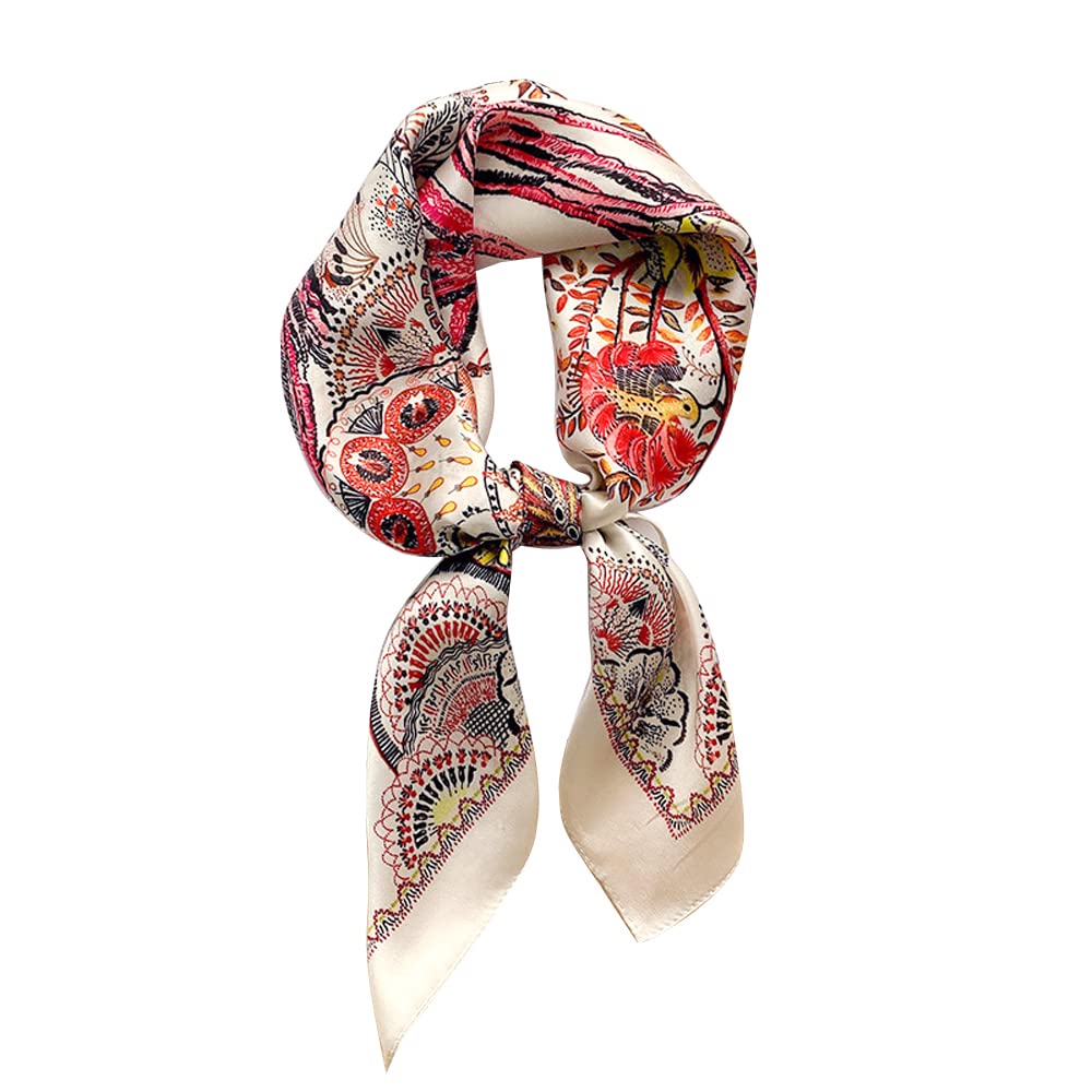 MEISEE 100% Pure Mulberry Silk Square Scarf 27"'x27-70CM Head Scarf for Women Natural Silk Neckerchief Printed Headscarf, Beige Background-flowers